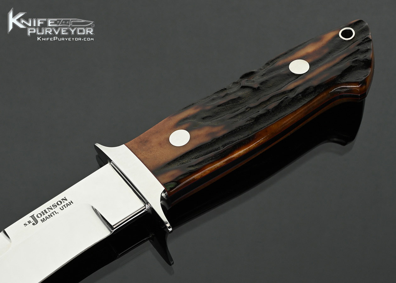S.R.-Johnson-Custom-Knife-Stag-Double-Signature-Chute-Knife-with-Leather-Sheath-