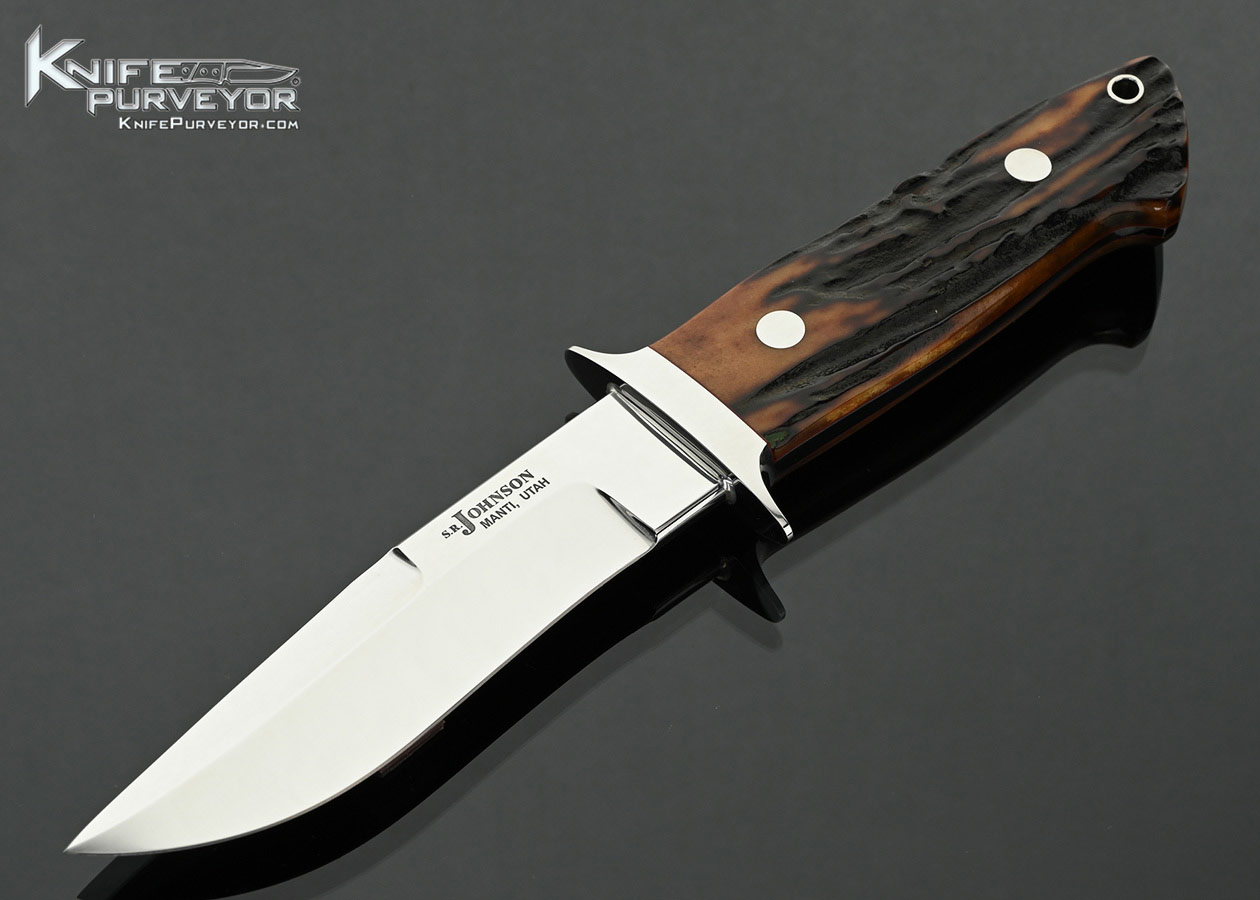 S.R.-Johnson-Custom-Knife-Stag-Double-Signature-Chute-Knife-with-Leather-Sheath-