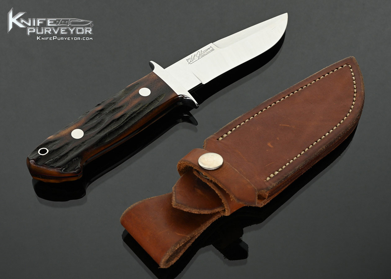 S.R.-Johnson-Custom-Knife-Stag-Double-Signature-Chute-Knife-with-Leather-Sheath-