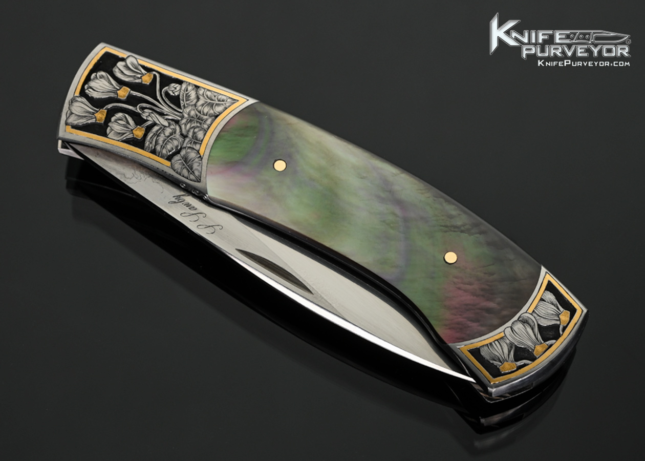 Scott Sawby Custom Knife Black Lip Tahitian Pearl Engraved with Gold Inlays by Marian Sawby Self Lock - Image 2