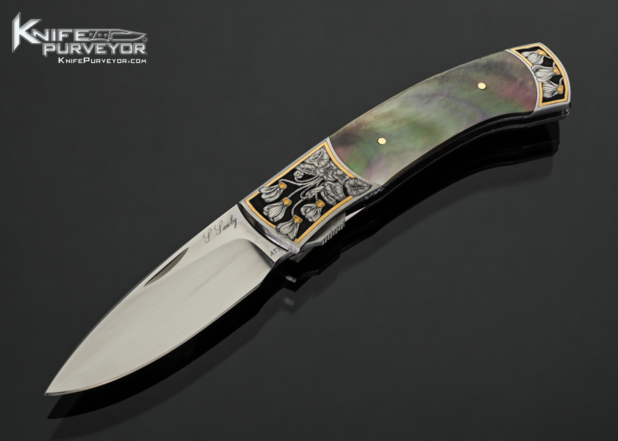 Scott Sawby Custom Knife Black Lip Tahitian Pearl Engraved with Gold Inlays by Marian Sawby Self Lock 18406
