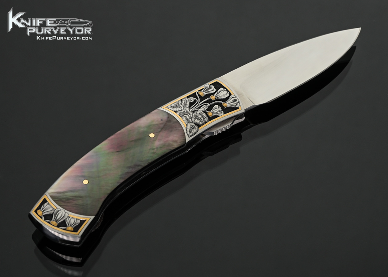 Scott Sawby Custom Knife Black Lip Tahitian Pearl Engraved with Gold Inlays by Marian Sawby Self Lock - Image 3