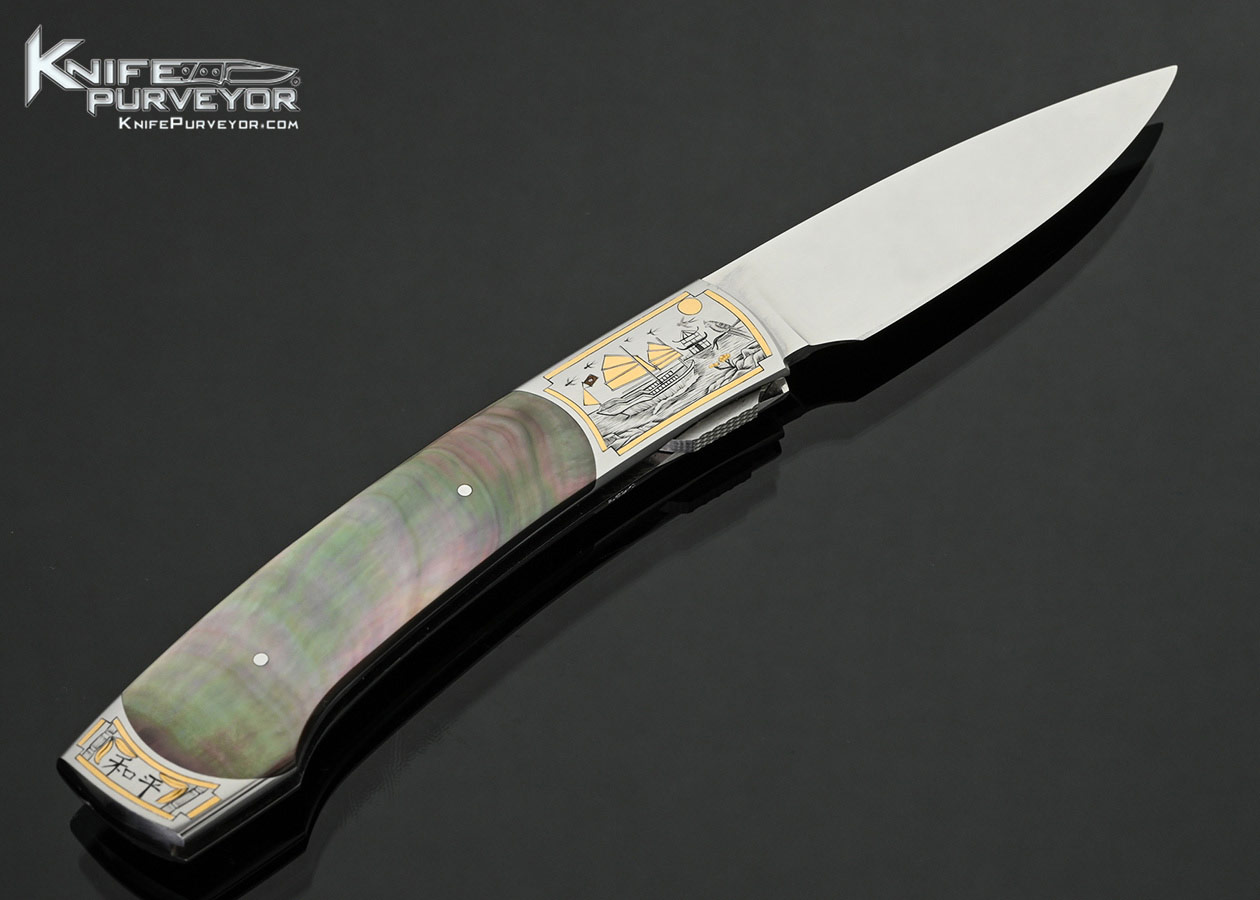 Scott-Sawby-Custom-Knife-Black-Lip-Tahitian-Pearl-Self-Lock-Engraved-with-Gold-Inlays-by-Marian-Sawby-