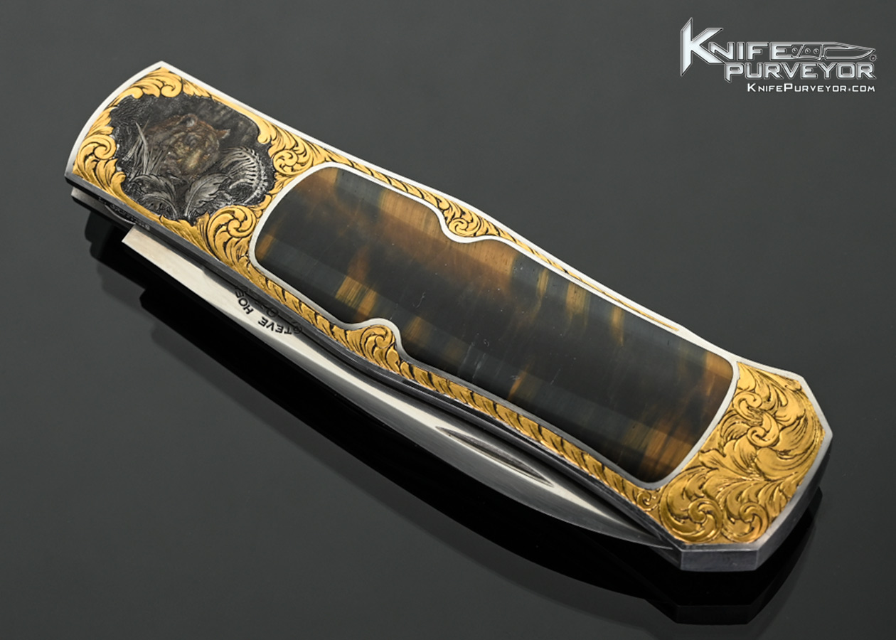 Steve Hoel Custom Knife Tiger Eye Interframe Coke Bottle Lockback Engraved by Lee Griffiths with 24Kt Gold Inlays - Image 2