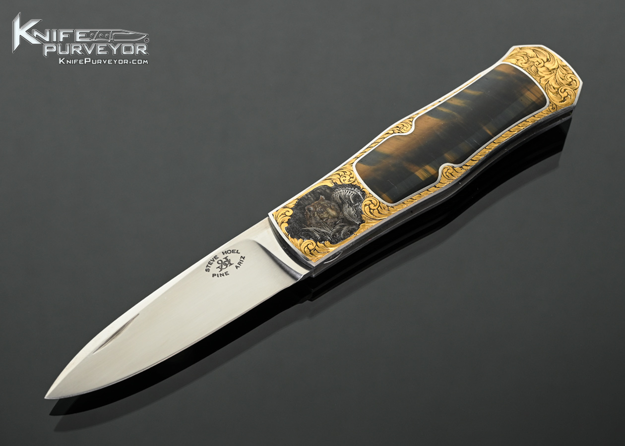 Steve Hoel Custom Knife Tiger Eye Interframe Coke Bottle Lockback Engraved by Lee Griffiths with 24Kt Gold Inlays 18462