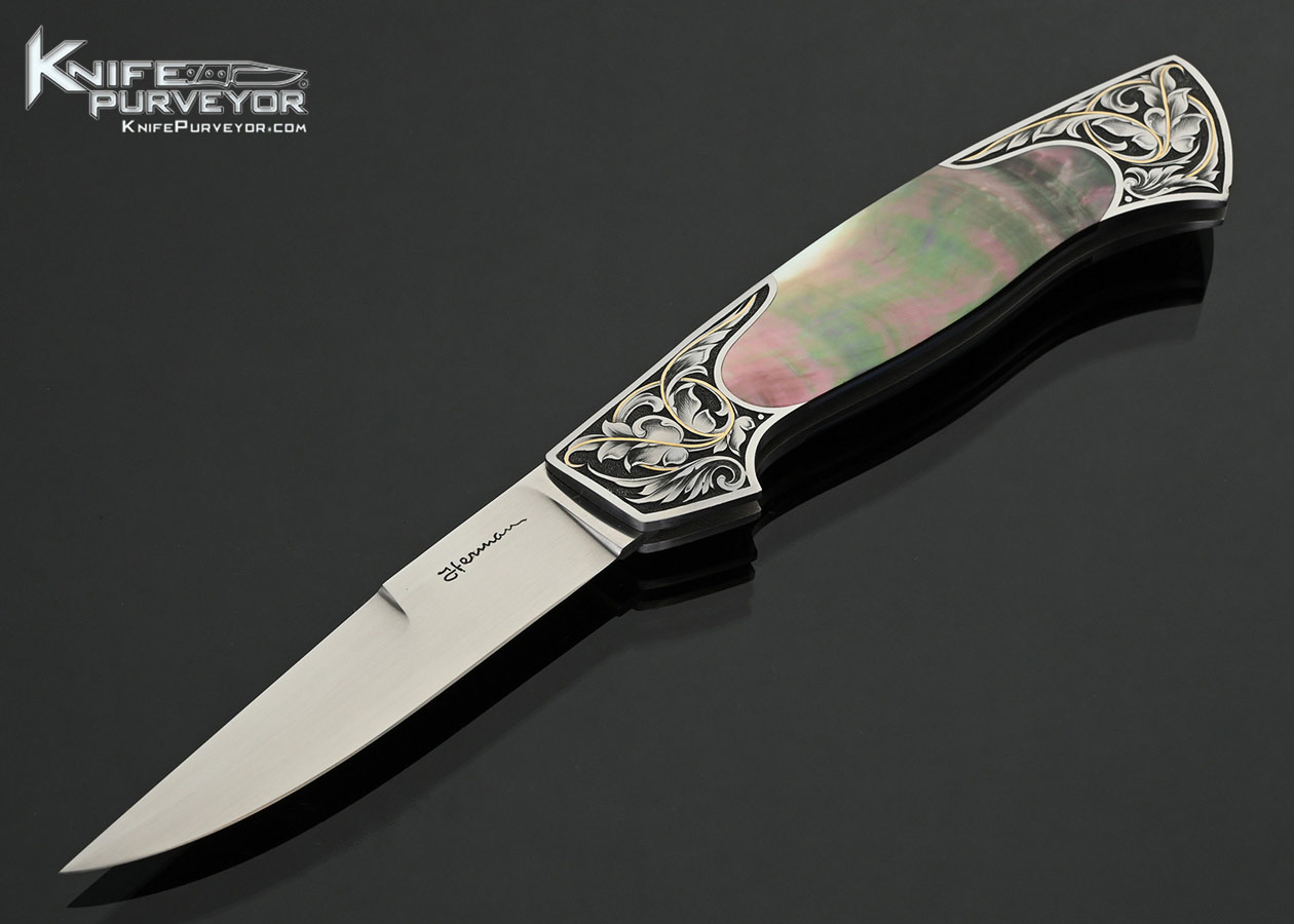 Tim-Herman-Custom-Knife-Black-Lip-Pearl-Top-Lock-Sole-Authorship-Engraved-with-Gold-Inlays-