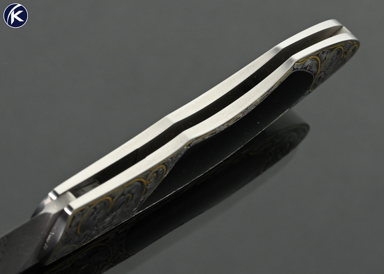 Tim-Herman-Custom-Knife-Damascus-and-Black-Edwards-Jade-Interframe-Lockback-Engraved-with-Gold-Inlays-by-Ray-Cover-Jr.-