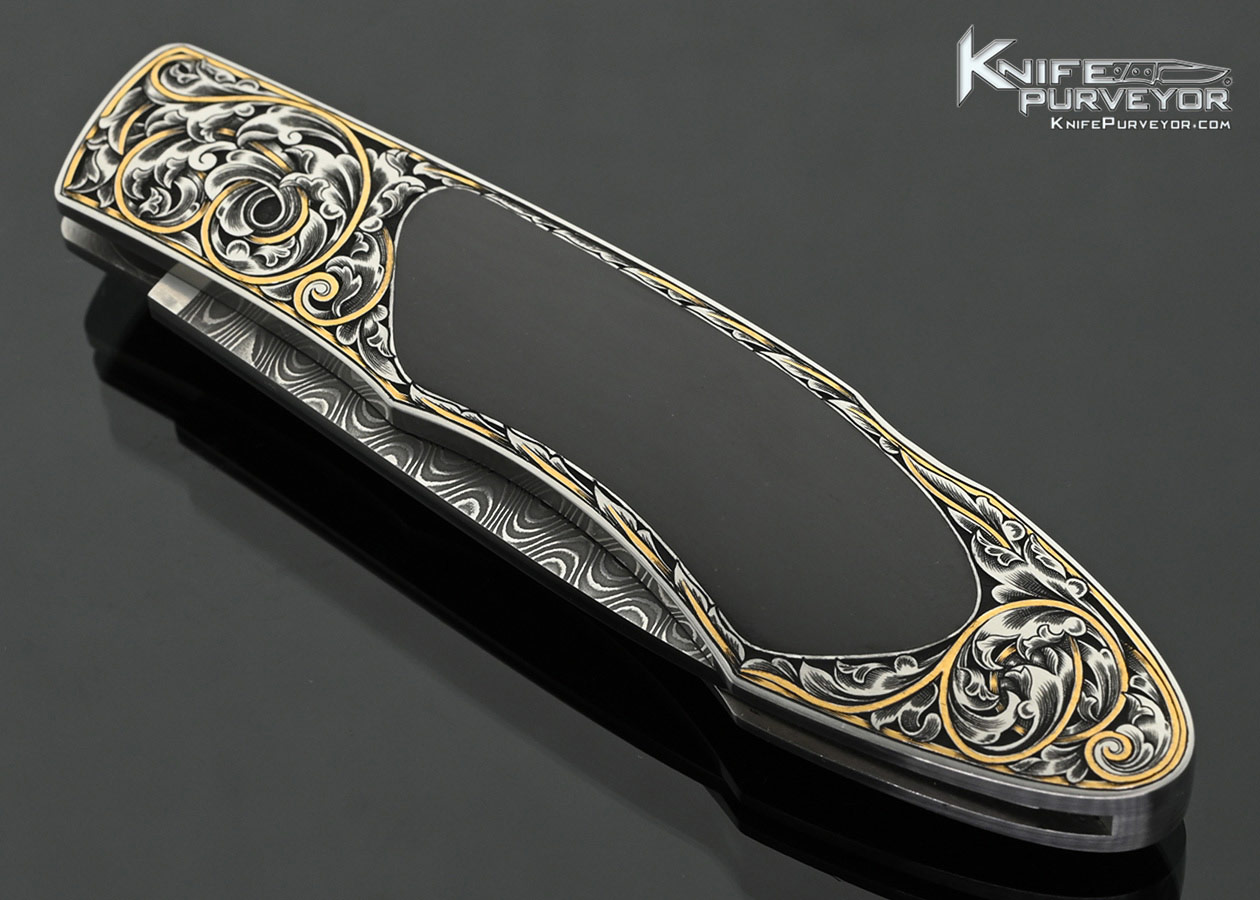 Tim-Herman-Custom-Knife-Damascus-and-Black-Edwards-Jade-Interframe-Lockback-Engraved-with-Gold-Inlays-by-Ray-Cover-Jr.-