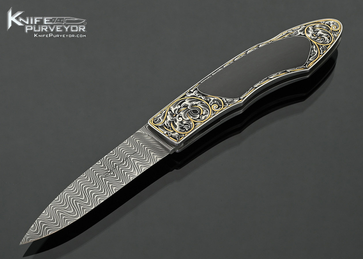 Tim-Herman-Custom-Knife-Damascus-and-Black-Edwards-Jade-Interframe-Lockback-Engraved-with-Gold-Inlays-by-Ray-Cover-Jr.-