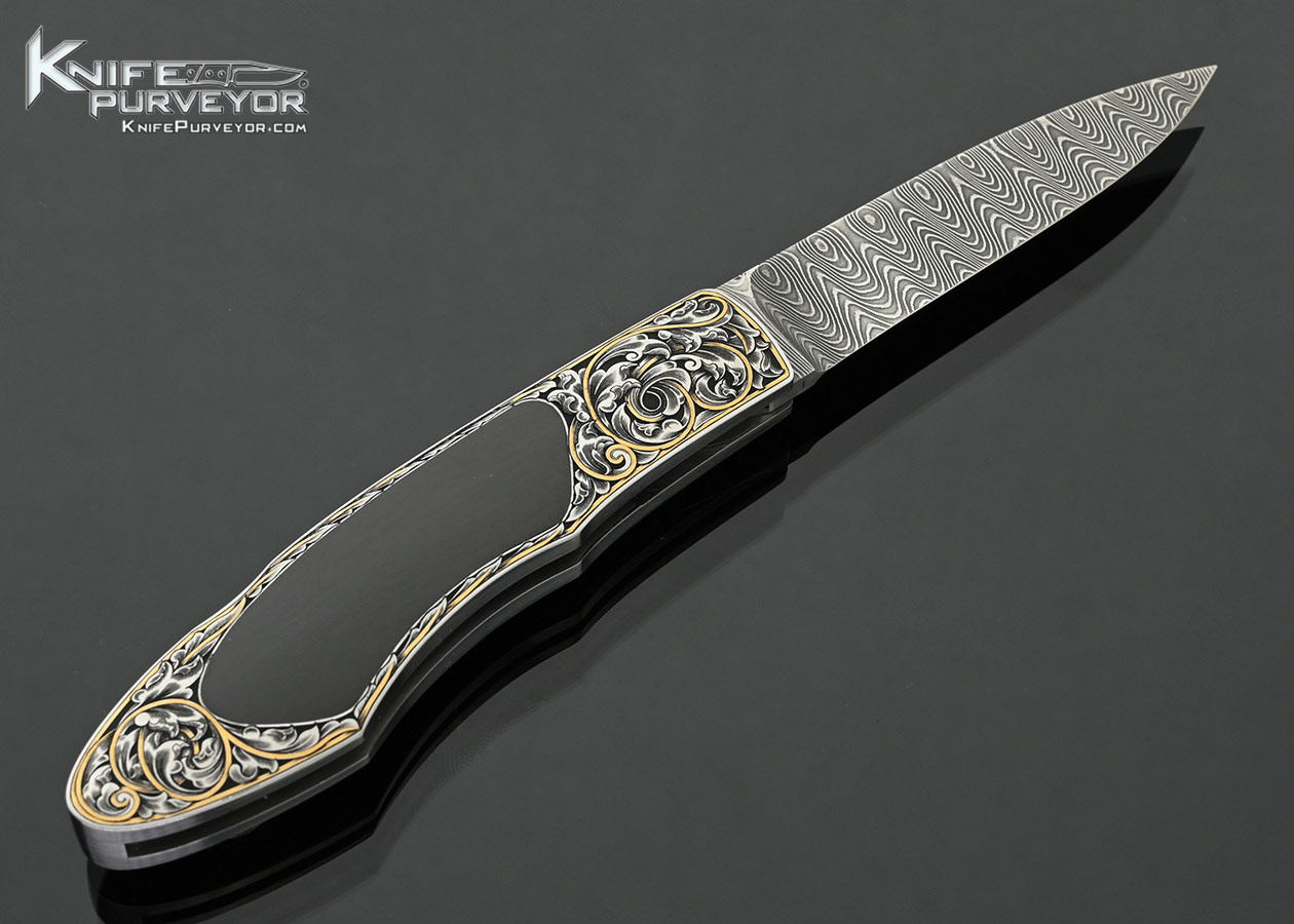 Tim-Herman-Custom-Knife-Damascus-and-Black-Edwards-Jade-Interframe-Lockback-Engraved-with-Gold-Inlays-by-Ray-Cover-Jr.-