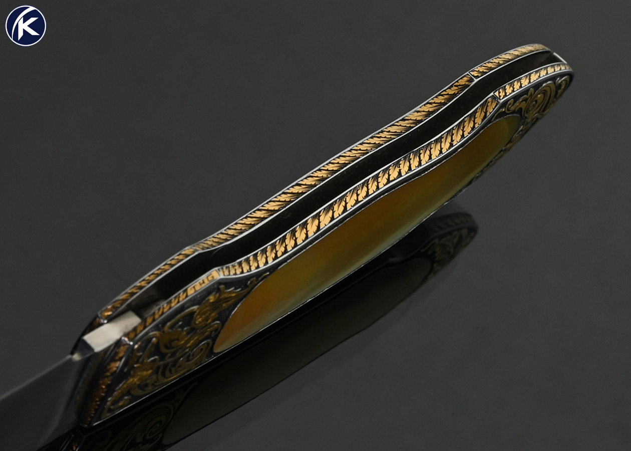 Warren-Osborne-Custom-Knife-Gold-Lip-Pearl-Interframe-with-Gold-Inlays-Lockback-Engraved-by-Tim-George-