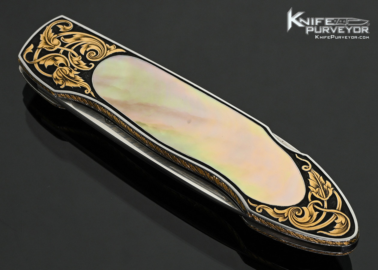 Warren-Osborne-Custom-Knife-Gold-Lip-Pearl-Interframe-with-Gold-Inlays-Lockback-Engraved-by-Tim-George-