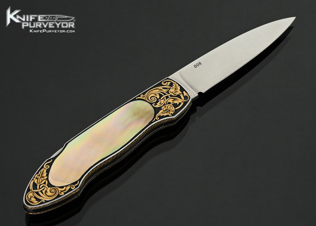 Warren-Osborne-Custom-Knife-Gold-Lip-Pearl-Interframe-with-Gold-Inlays-Lockback-Engraved-by-Tim-George-
