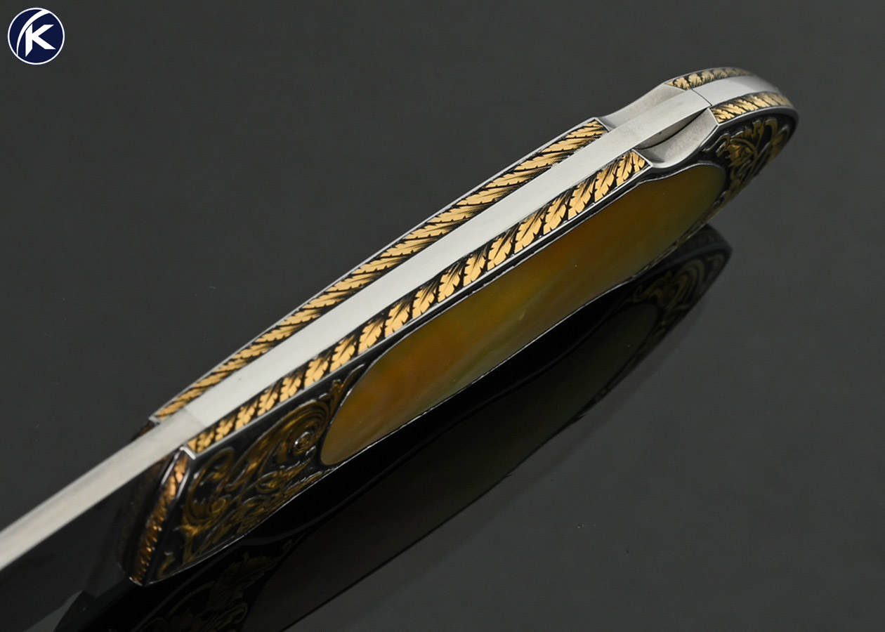 Warren-Osborne-Custom-Knife-Gold-Lip-Pearl-Interframe-with-Gold-Inlays-Lockback-Engraved-by-Tim-George-
