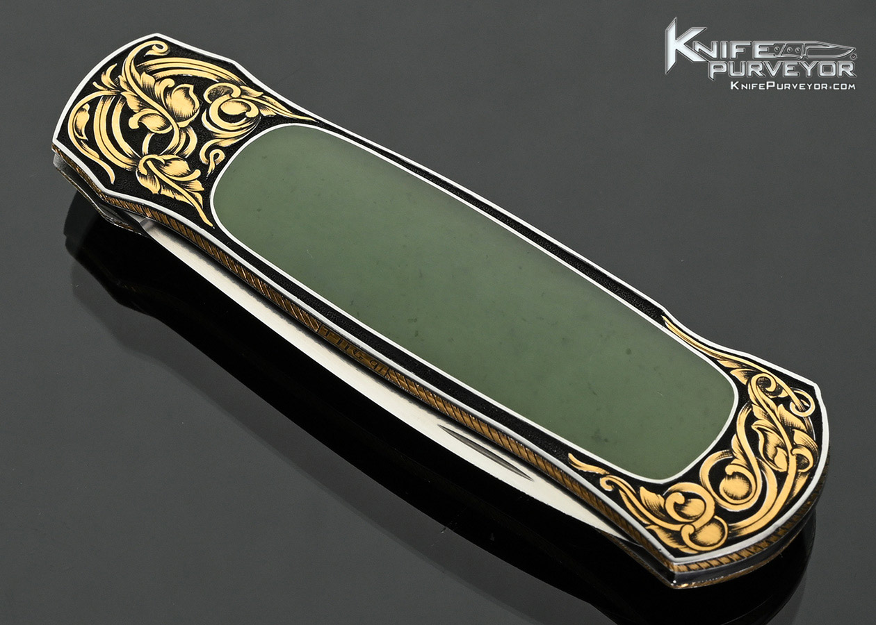 Warren-Osborne-Custom-Knife-Green-Apple-Jade-Interframe-Lockback-with-Gold-Inlays-Engraved-by-Tim-George-