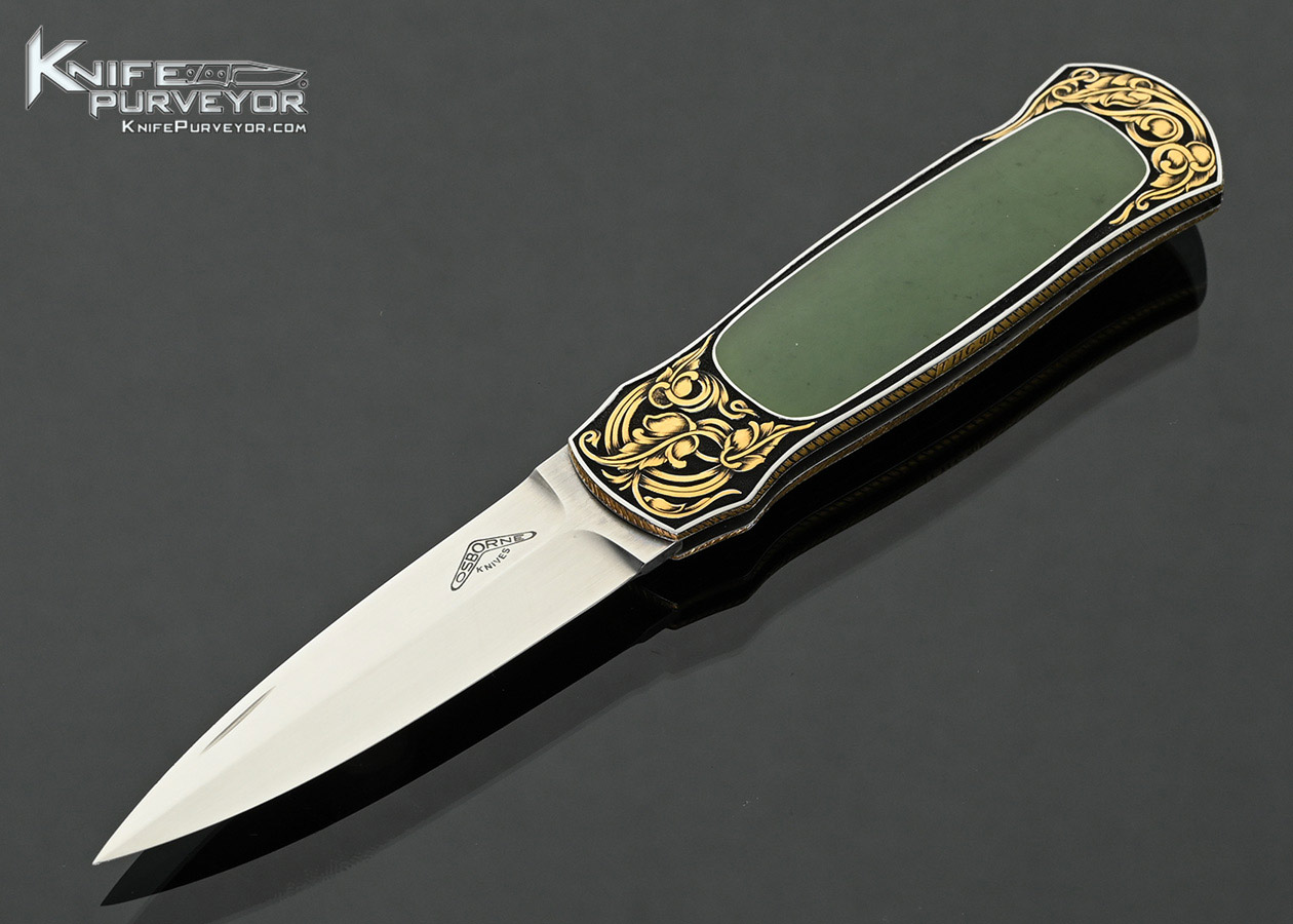 Warren-Osborne-Custom-Knife-Green-Apple-Jade-Interframe-Lockback-with-Gold-Inlays-Engraved-by-Tim-George-