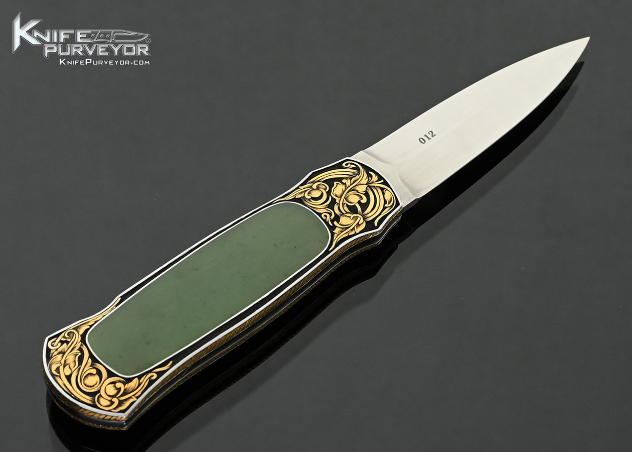 Warren-Osborne-Custom-Knife-Green-Apple-Jade-Interframe-Lockback-with-Gold-Inlays-Engraved-by-Tim-George-