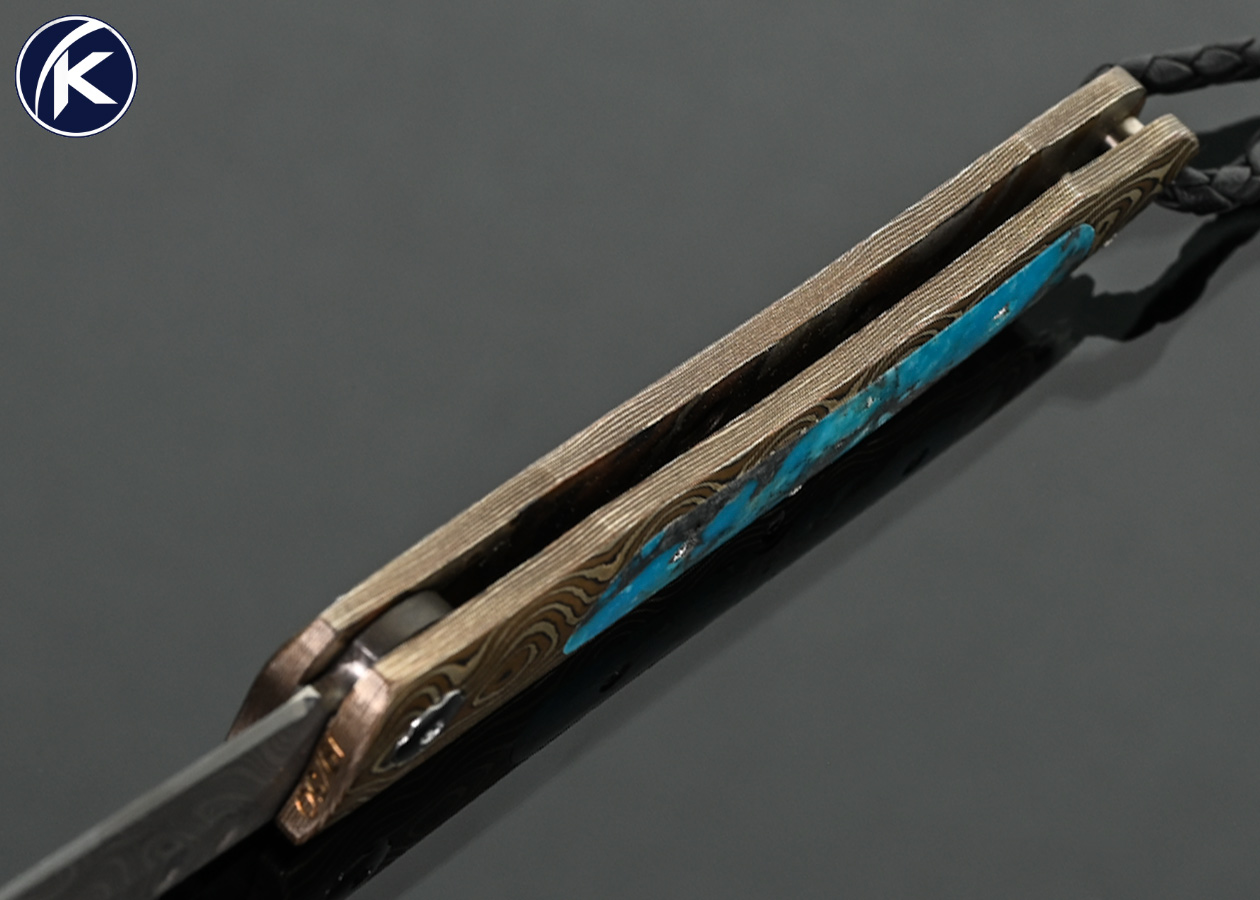William Henry Custom Knife "Cave Creek" Damascus and Raindrop Mokume with Zinc Matrix Turquoise Interframe Button Lock - Image 5