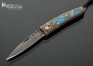 William Henry Custom Knife "Cave Creek" Damascus and Raindrop Mokume with Zinc Matrix Turquoise Interframe Button Lock 18480
