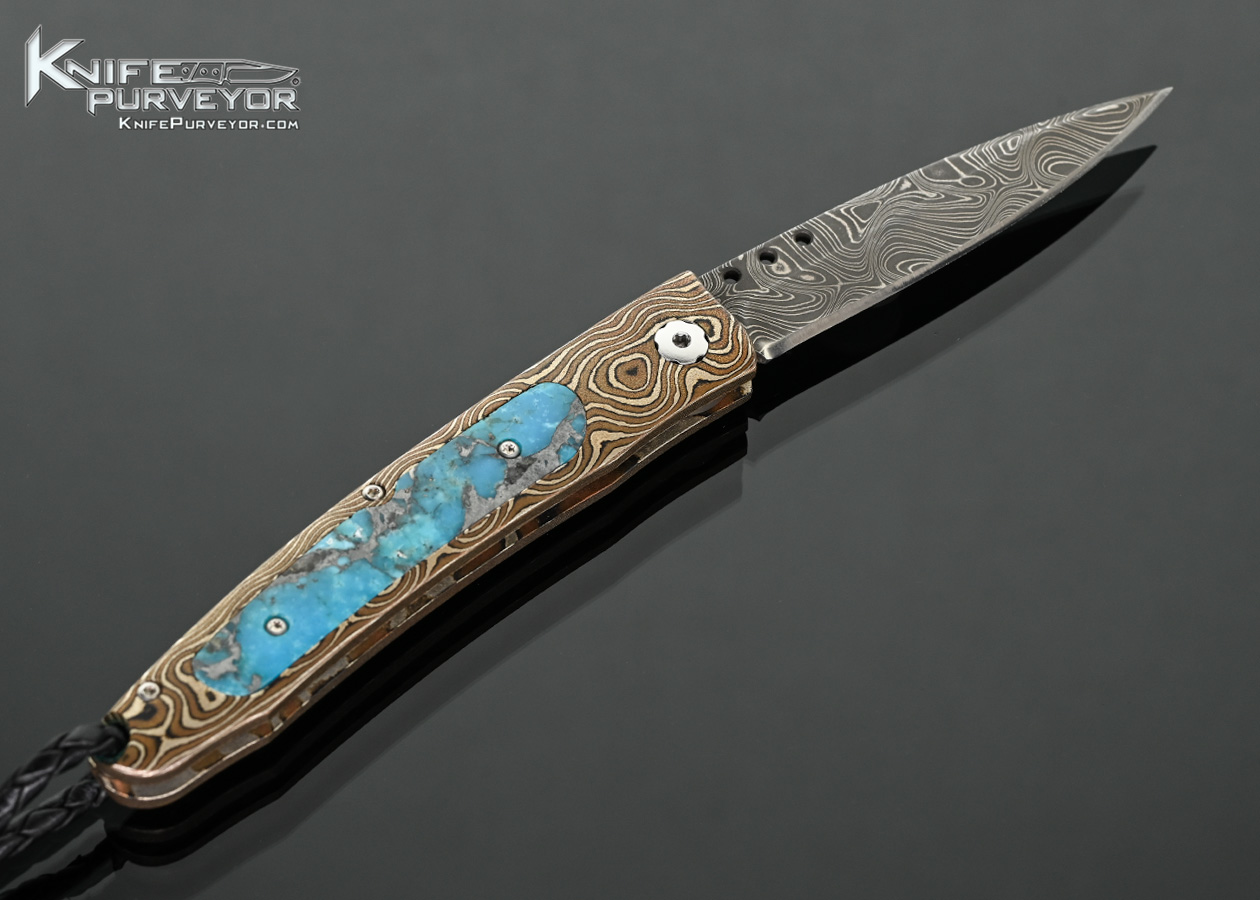 William Henry Custom Knife "Cave Creek" Damascus and Raindrop Mokume with Zinc Matrix Turquoise Interframe Button Lock - Image 3