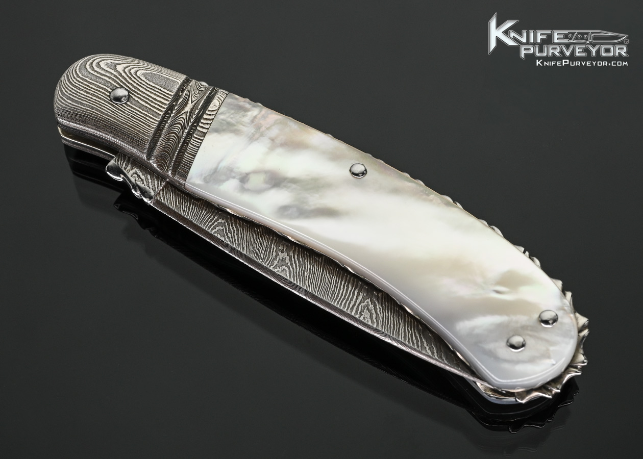 Barry Davis Custom Knife Sole Authorship Damascus and Mother of Pearl Lockback - Image 2