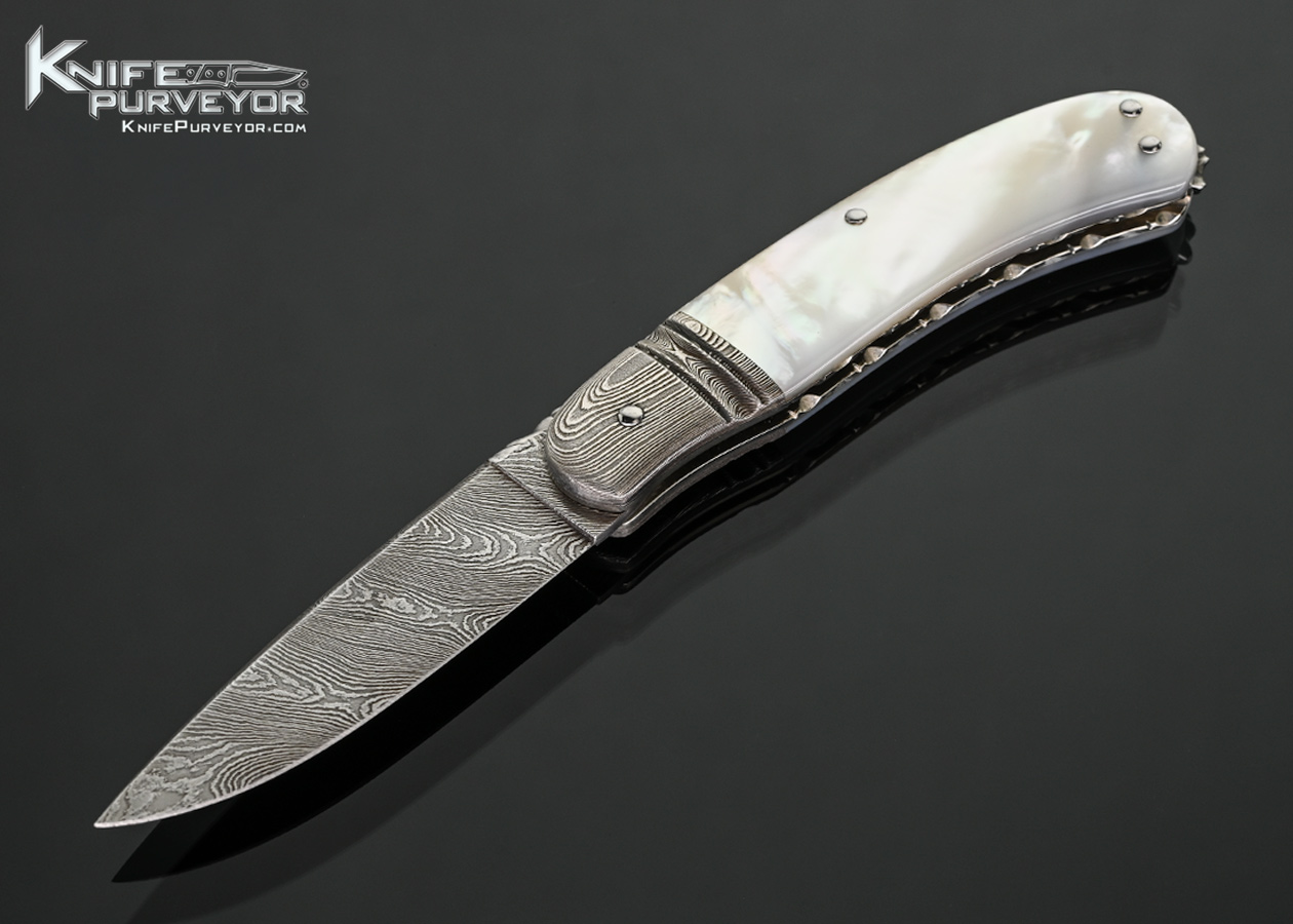 Barry Davis Custom Knife Sole Authorship Damascus and Mother of Pearl Lockback 18502