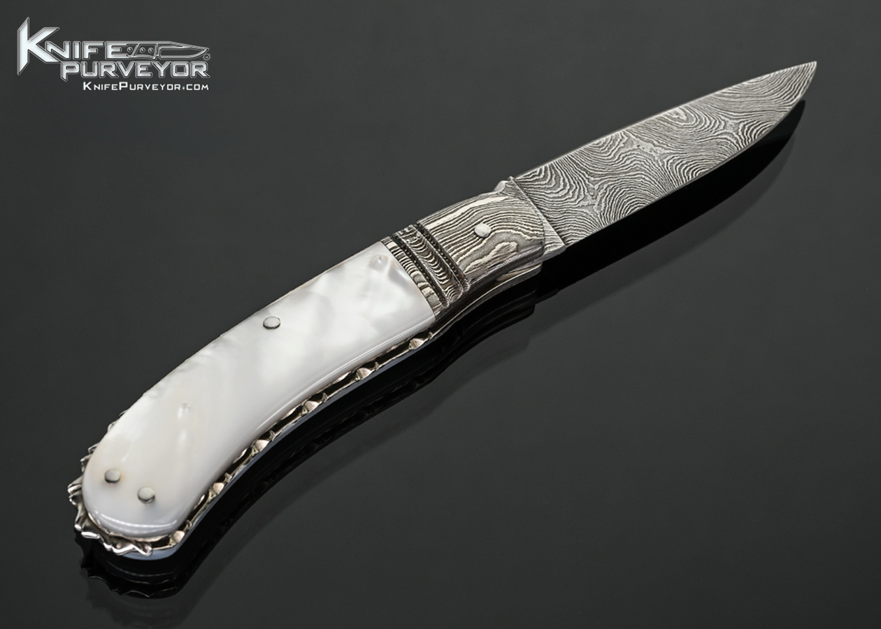 Barry Davis Custom Knife Sole Authorship Damascus and Mother of Pearl Lockback - Image 3