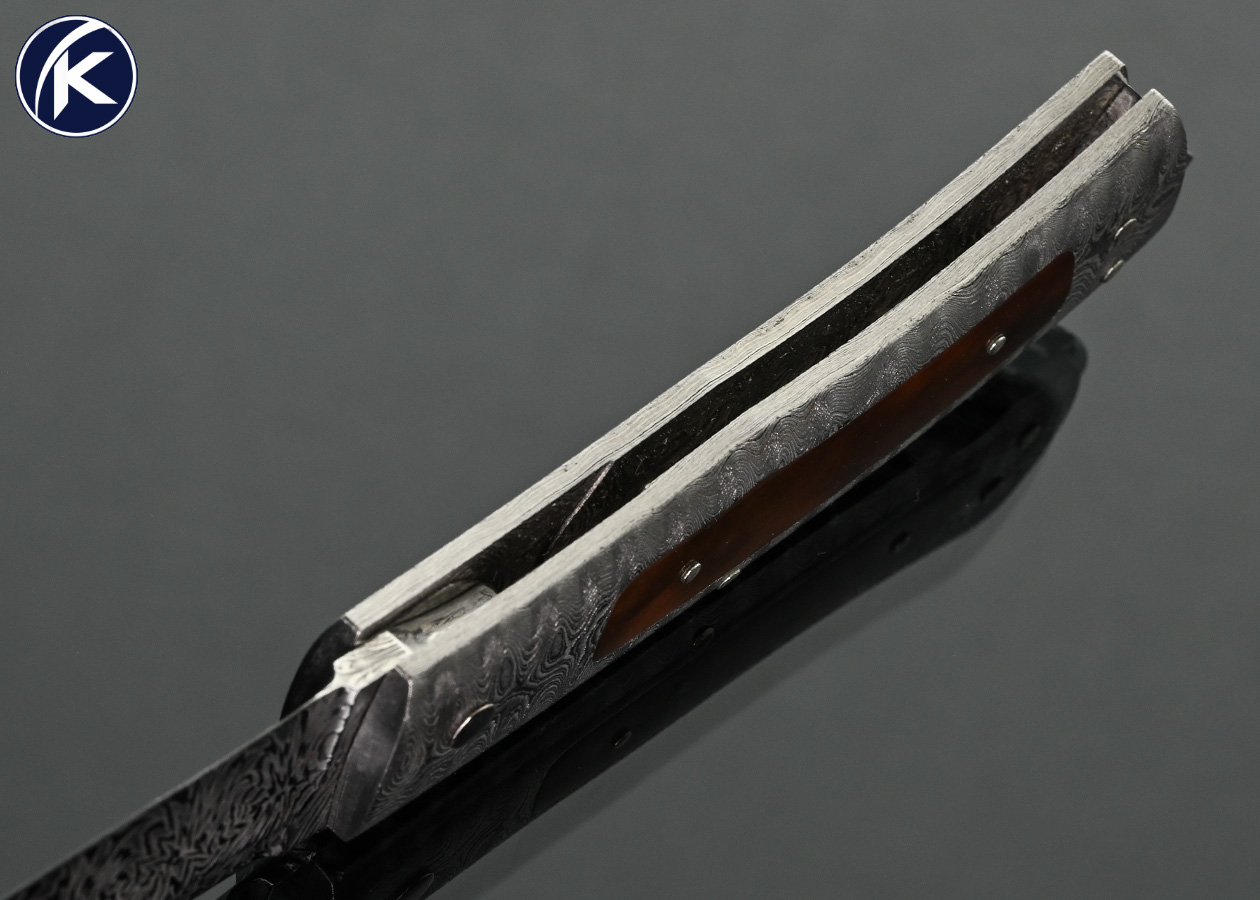 Kay Embresten Custom Knife Sole Authorship Explosion Damascus and Amber Interframe Lockback - Image 5