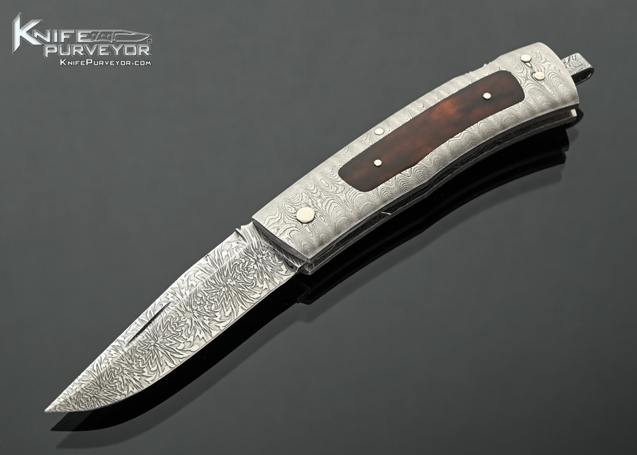 Kay Embresten Custom Knife Sole Authorship Explosion Damascus and Amber Interframe Lockback 18527