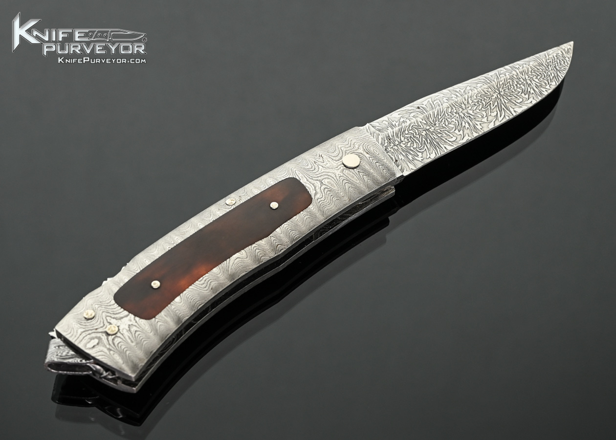 Kay Embresten Custom Knife Sole Authorship Explosion Damascus and Amber Interframe Lockback - Image 3