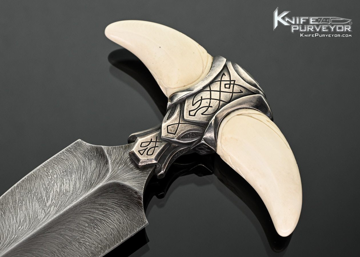 Russian Art Knife Maker Custom Knife Feather Pattern Damascus with Carved Mammoth and Engraved Push Dagger with Stand and Box - Image 2