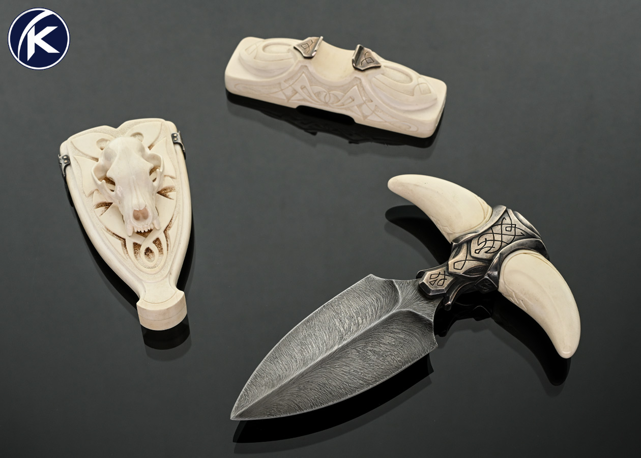 Russian Art Knife Maker Custom Knife Feather Pattern Damascus with Carved Mammoth and Engraved Push Dagger with Stand and Box - Image 8
