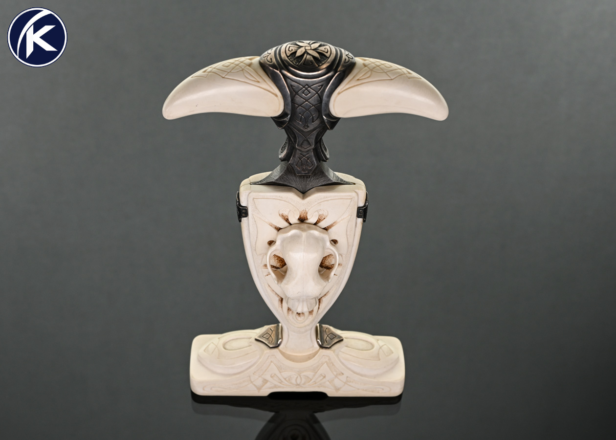 Russian Art Knife Maker Custom Knife Feather Pattern Damascus with Carved Mammoth and Engraved Push Dagger with Stand and Box - Image 6