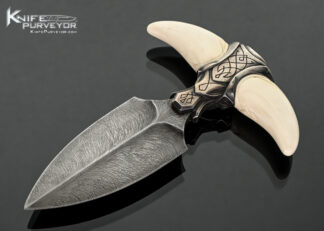 Unknown Maker Custom Knife Feather Pattern Damascus with Carved Mammoth and Engraved 18508