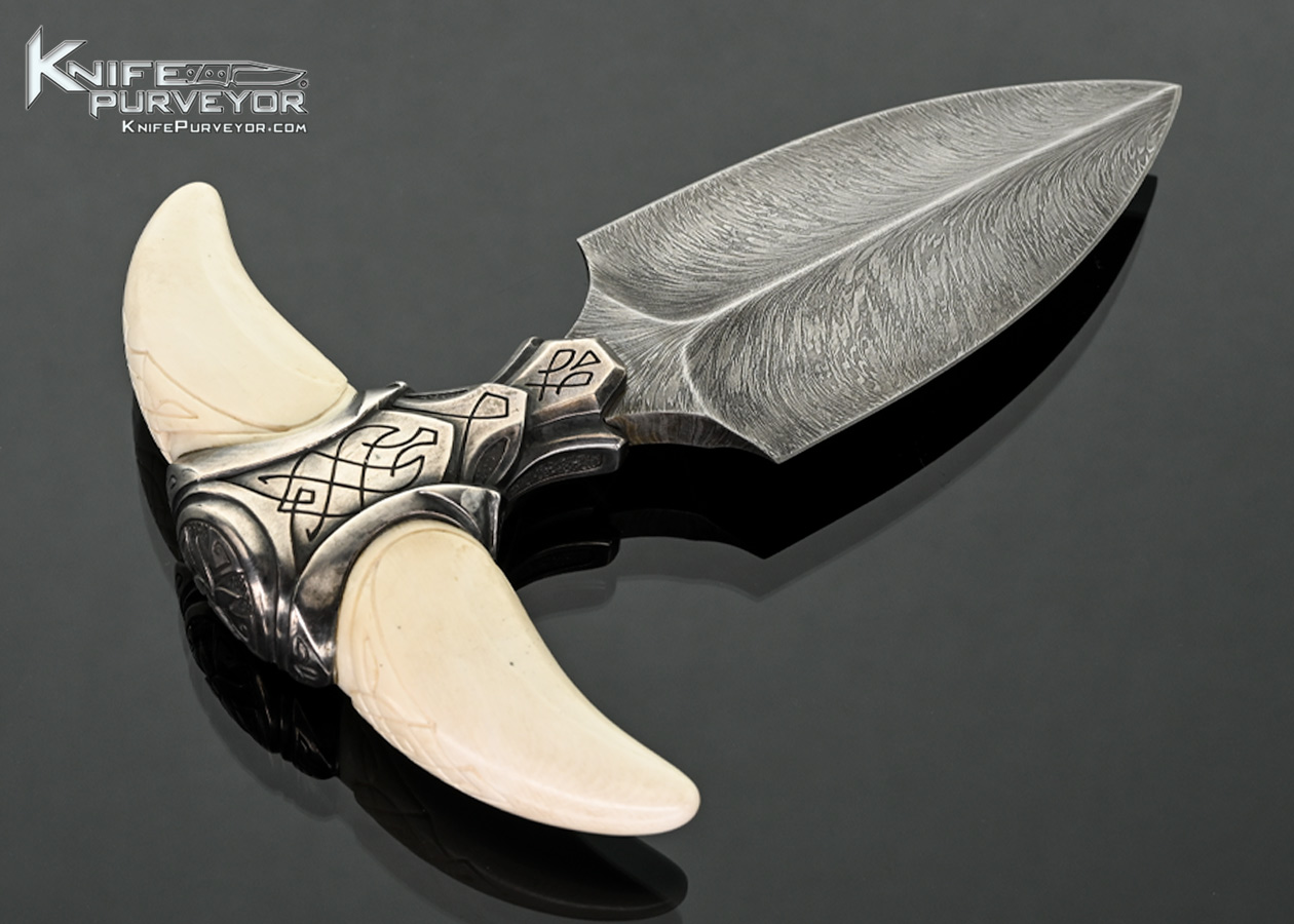 Russian Art Knife Maker Custom Knife Feather Pattern Damascus with Carved Mammoth and Engraved Push Dagger with Stand and Box - Image 3