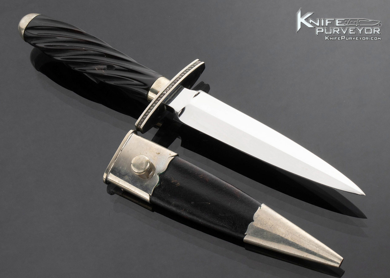 Buster Warenski Custom Knife Fluted Black Buffalo Horn and Nickle Silver Dagger with Scabbard 16836