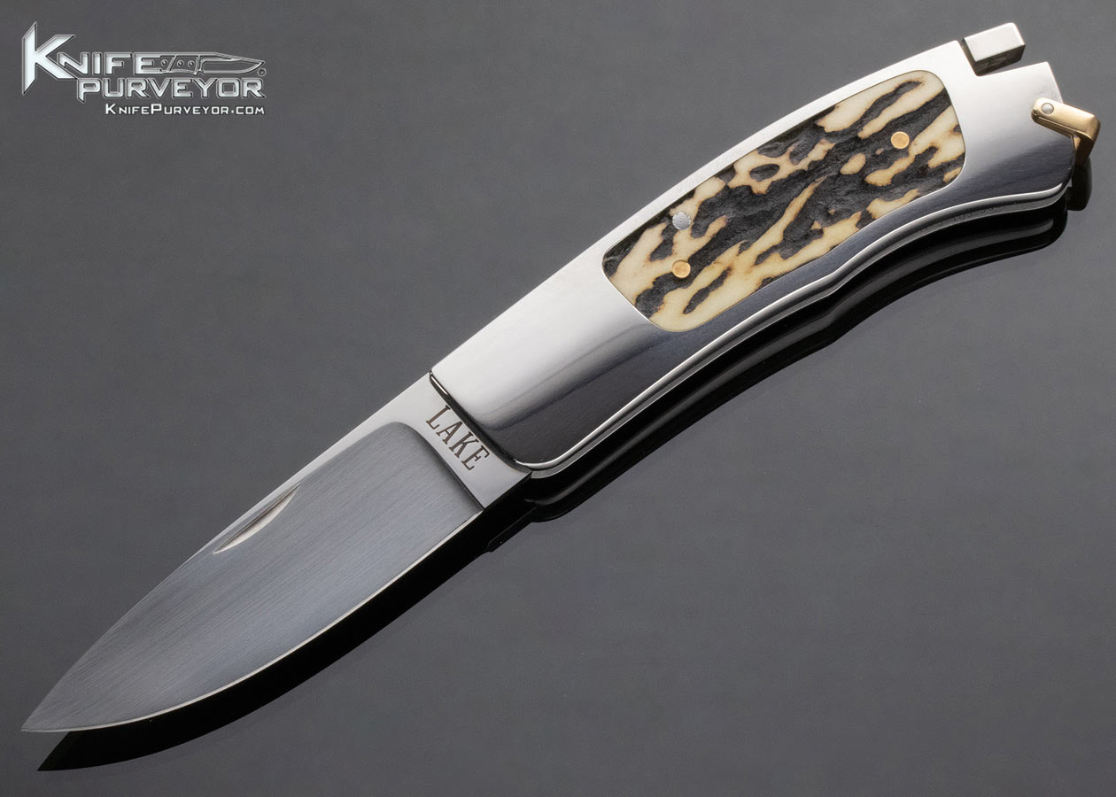 Ron Lake Custom Knife Stag Stainless Steel Interframe Orion Tail Lock with Gold Bale 14673