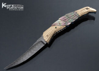 Stephen Olszewski Custom Knife Jerry Rados Damascus Black Lip Pearl and 14Kt Gold Eagle Automatic Linerlock 16273