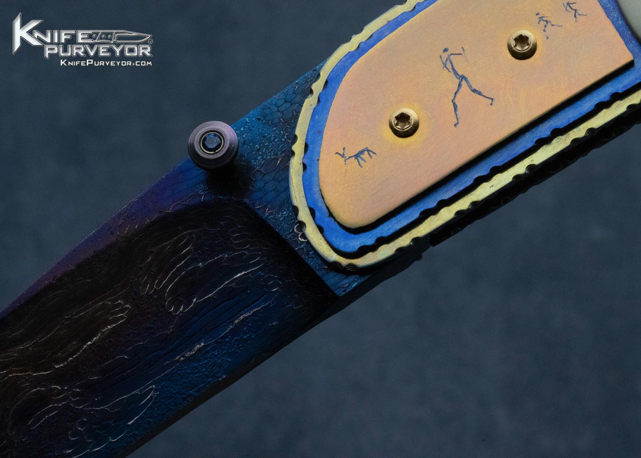 Theuns Prinsloo Custom Knife Blued Damascus Anodized Titanium and Mammoth Linerlock - Image 2