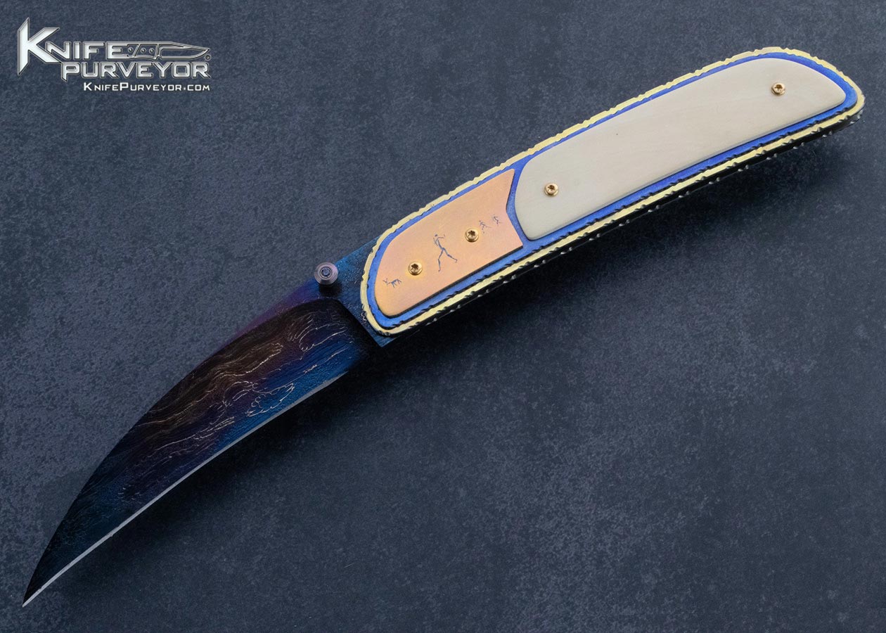 Theuns Prinsloo Custom Knife Blued Damascus Anodized Titanium and Mammoth Linerlock 15966
