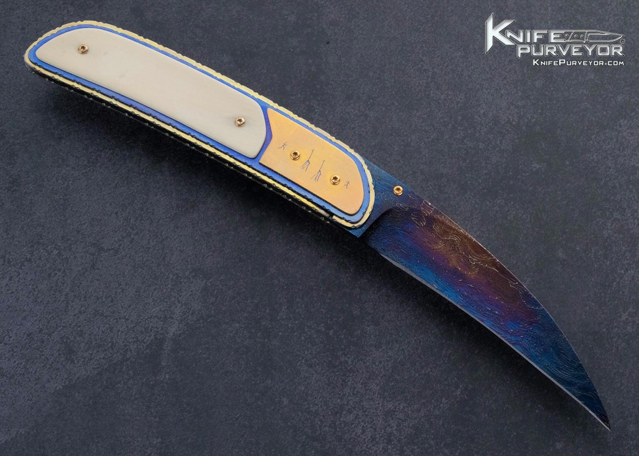 Theuns Prinsloo Custom Knife Blued Damascus Anodized Titanium and Mammoth Linerlock - Image 3