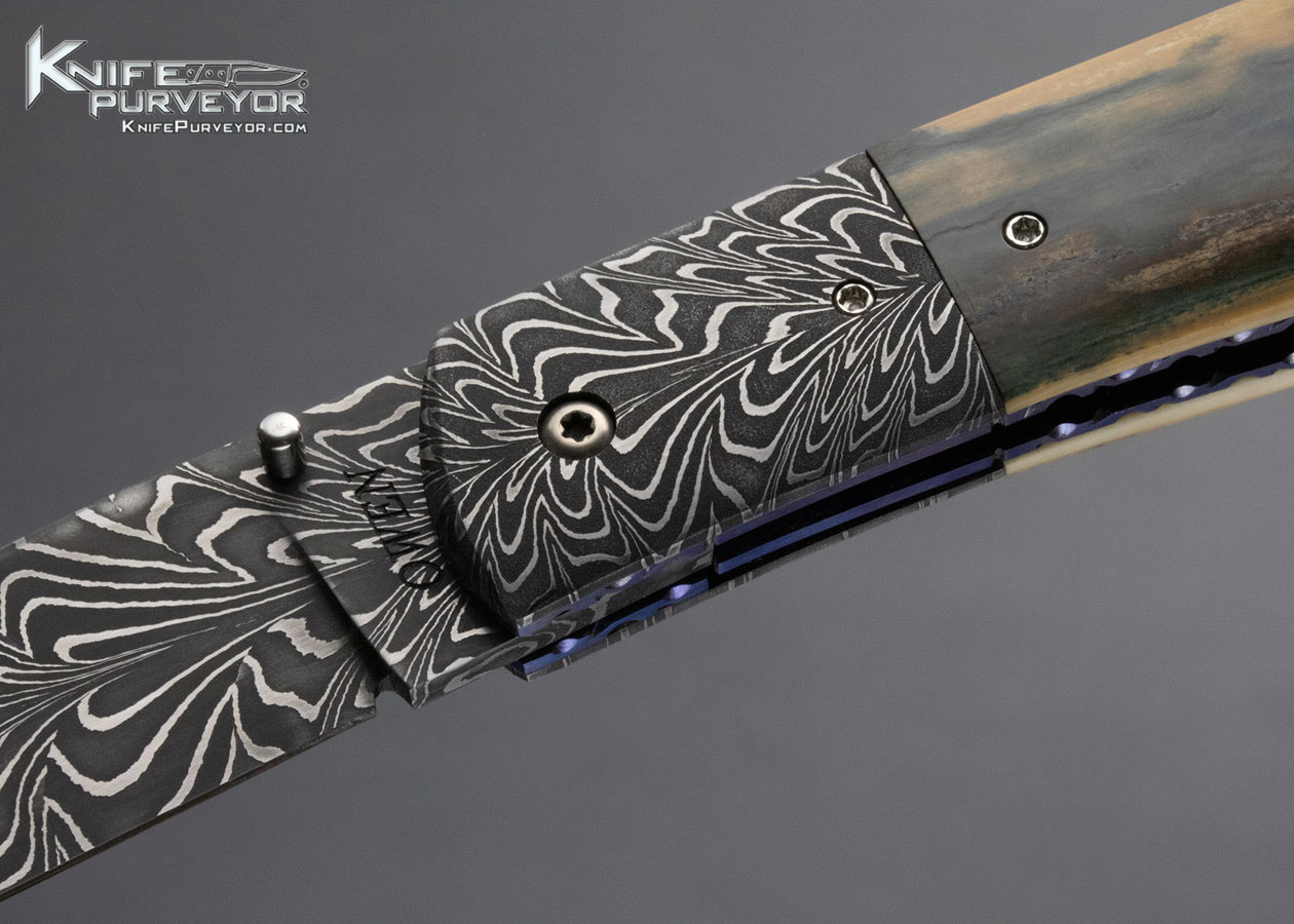 Chris Owen Custom Knife Feather Damascus Bark Mammoth Liner Lock - Image 2