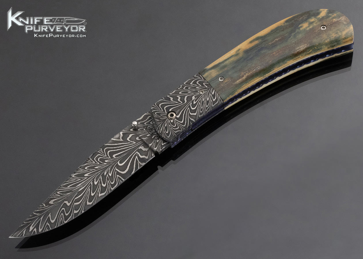 hris Owen Custom Knife Feather Damascus Bark Mammoth Liner Lock 14960