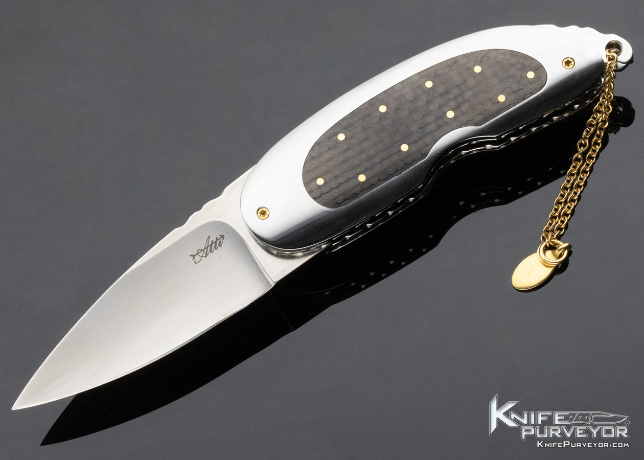 Attilio Morotti Custom Knife Carbon Fiber with Gold Dots Double Interframe Linerlock 13548