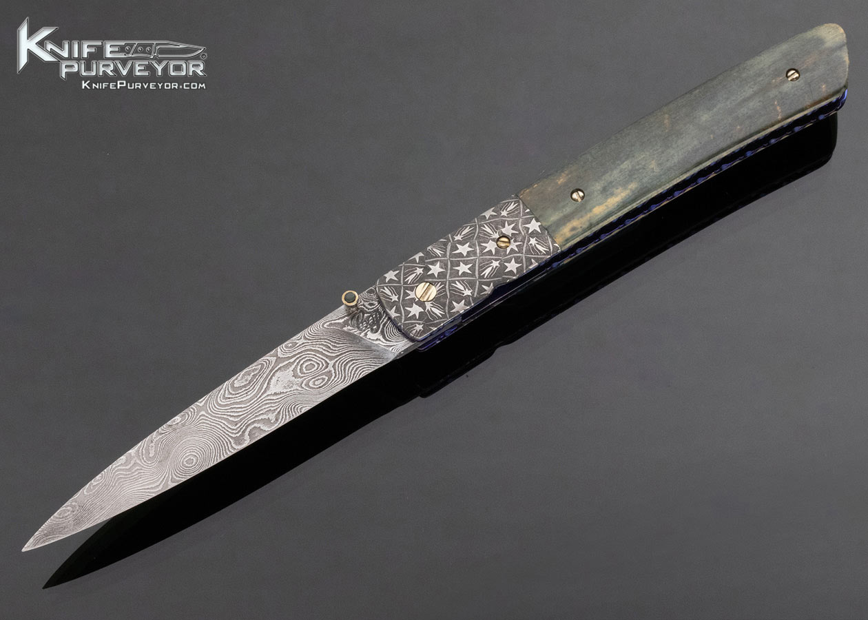 Cliff Parker Custom Knife Blue Mammoth and Sole Authorship Mosaic "Star" Damascus Linerlock 13707