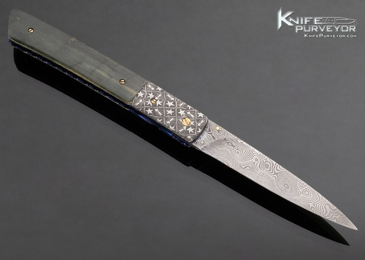 Cliff Parker Custom Knife Blue Mammoth and Sole Authorship Mosaic "Star" Damascus Linerlock - Image 3