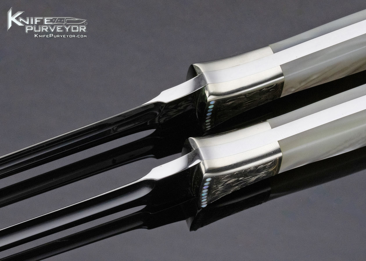 Don Lozier Custom Knife Pair of Mother of Pearl Daggers Engraved by Julie Warenski with Opal Inlays 13515