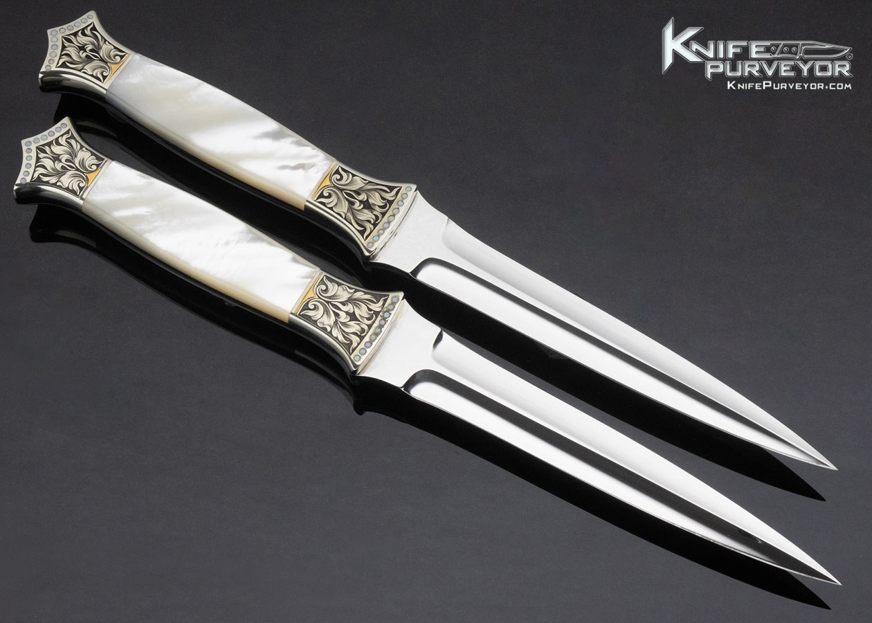 Don Lozier Custom Knife Pair of Mother of Pearl Daggers Engraved by Julie Warenski with Opal Inlays 13515