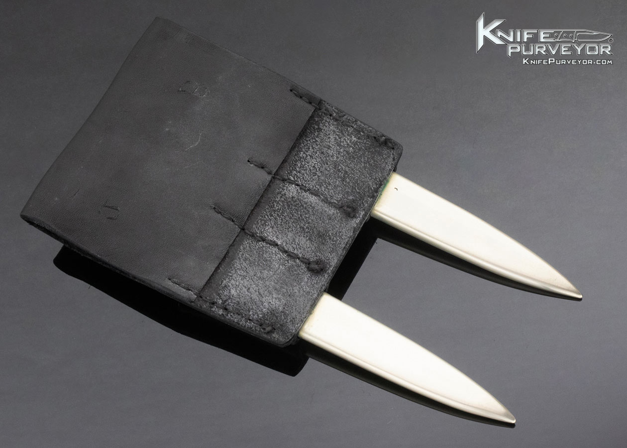 Don Lozier Custom Knife Pair of Mother of Pearl Daggers Engraved by Julie Warenski with Opal Inlays - Image 7