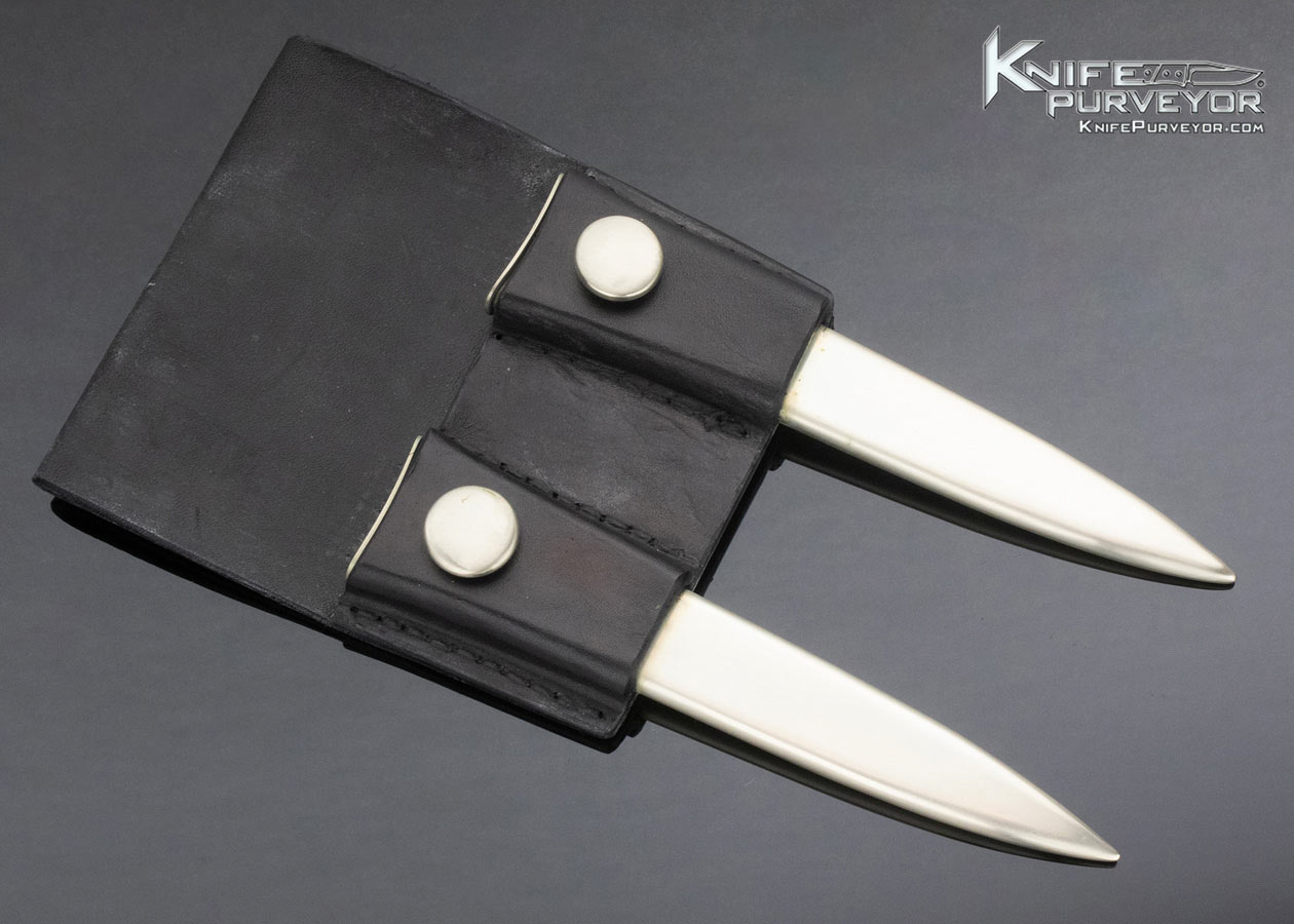 Don Lozier Custom Knife Pair of Mother of Pearl Daggers Engraved by Julie Warenski with Opal Inlays - Image 6